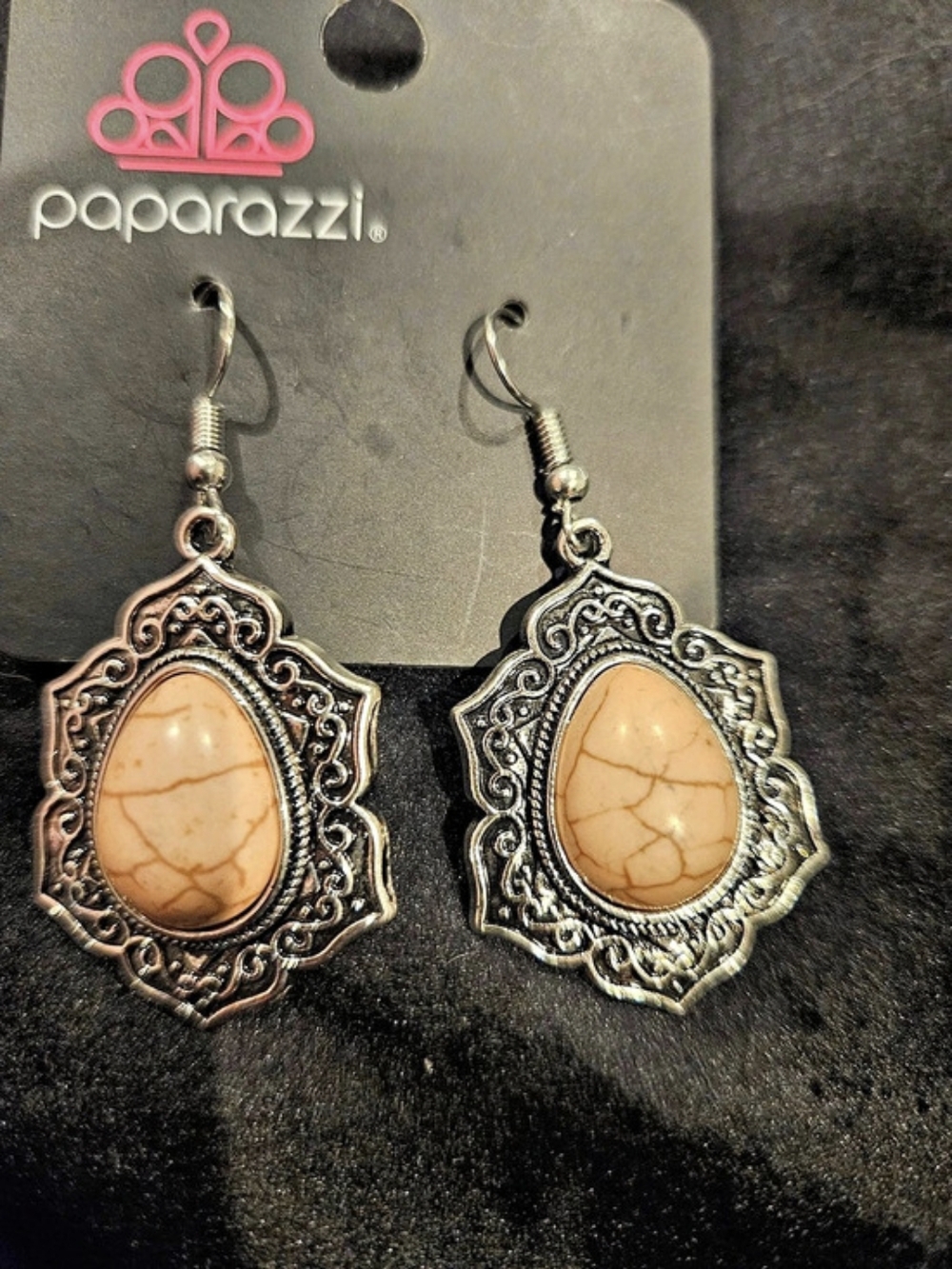 Paparazzi Filigree Stone Drop Earrings in Brown & Silver Like New
